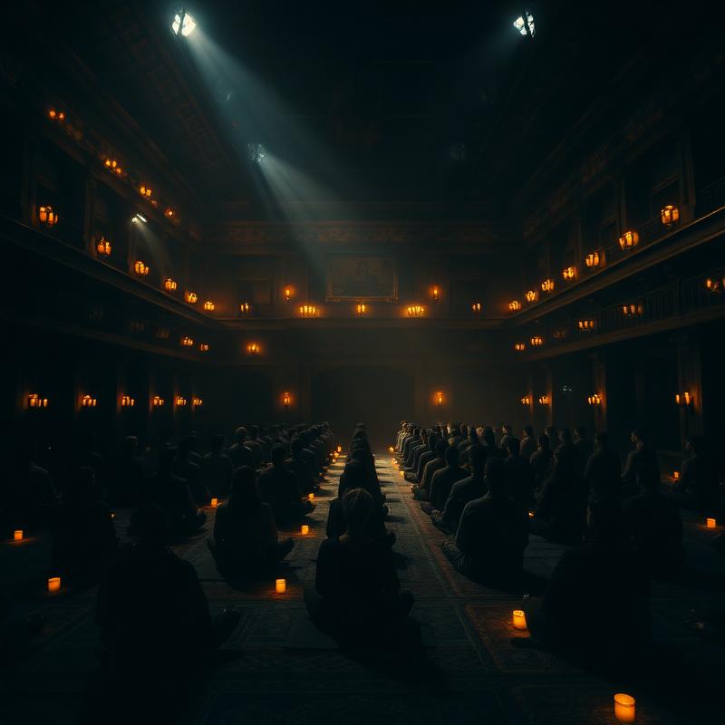 Candlelit meditation hall inside a Himalayan monastery
