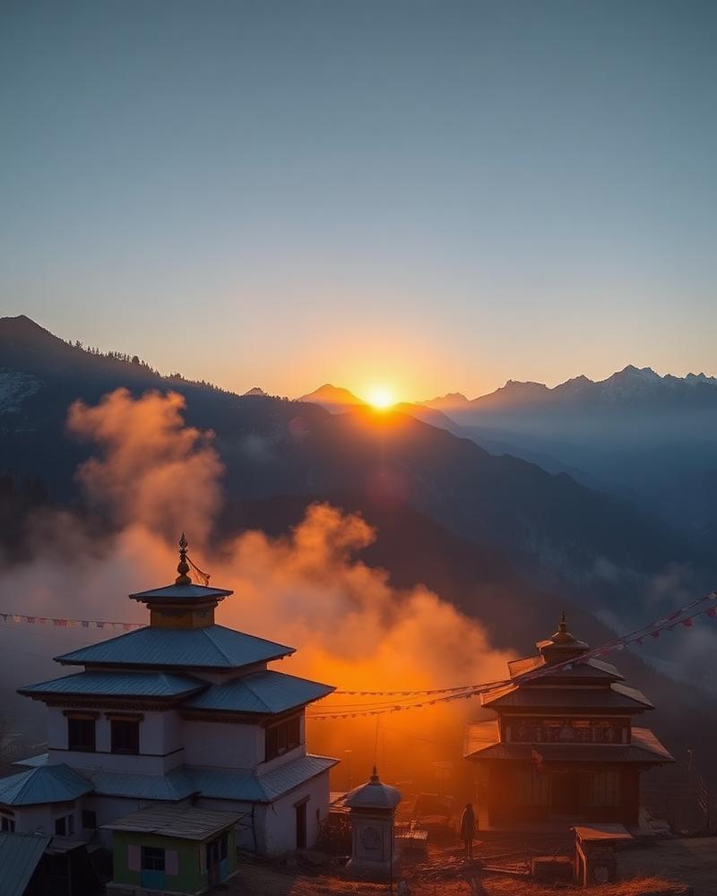 Sunrise over a mountain monastery with prayer flags