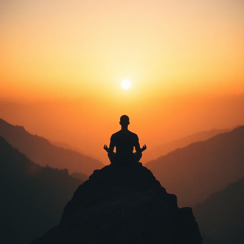 Meditator silhouetted against a Himalayan sunrise
