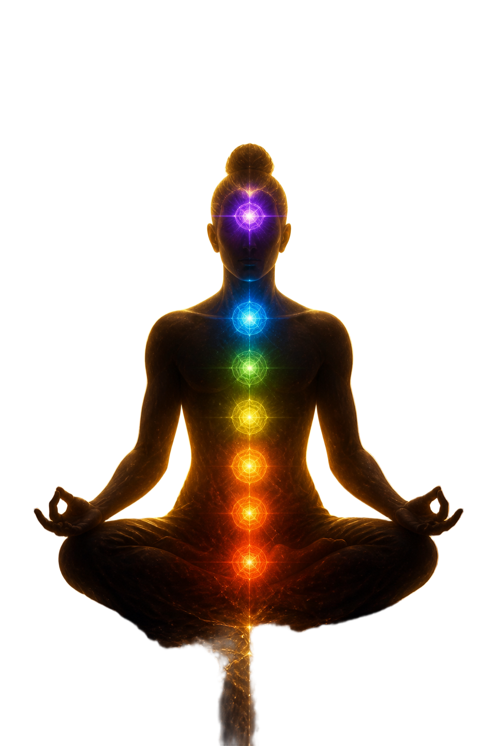 A meditating figure with awakened chakras and a glowing third eye